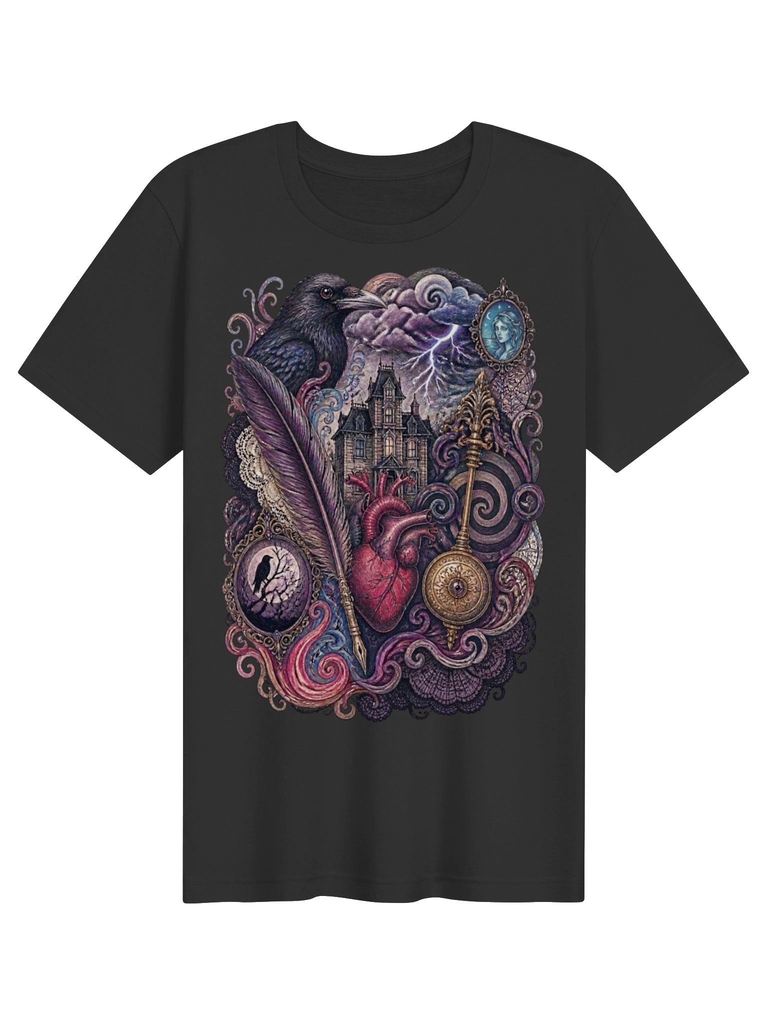 Edgar Allan Poe Whimsigoth Collage Tee, Dark Academia Raven Heart & Haunted House product image (44)