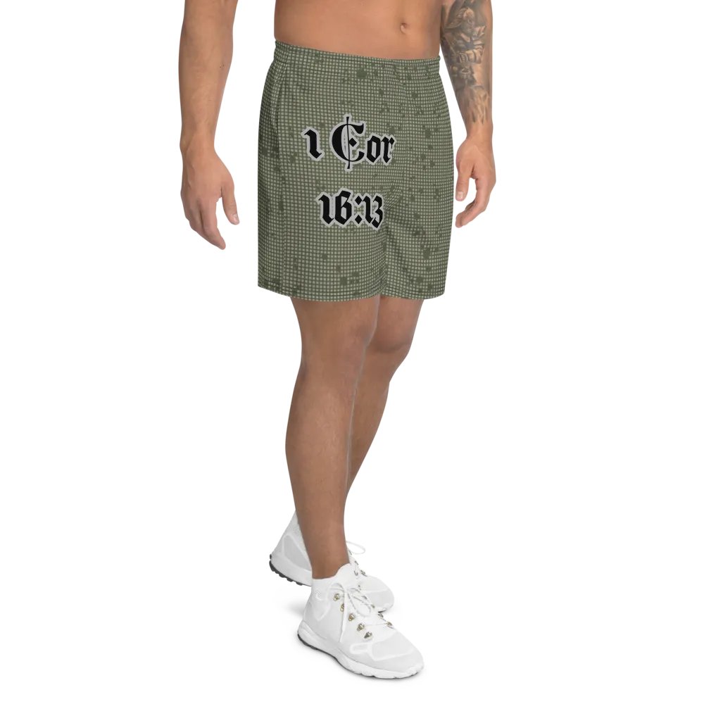 Faithful Camo: 1 Corinthians 16:13 Unisex Athletics Shorts - Desert Night Camo product image (8)