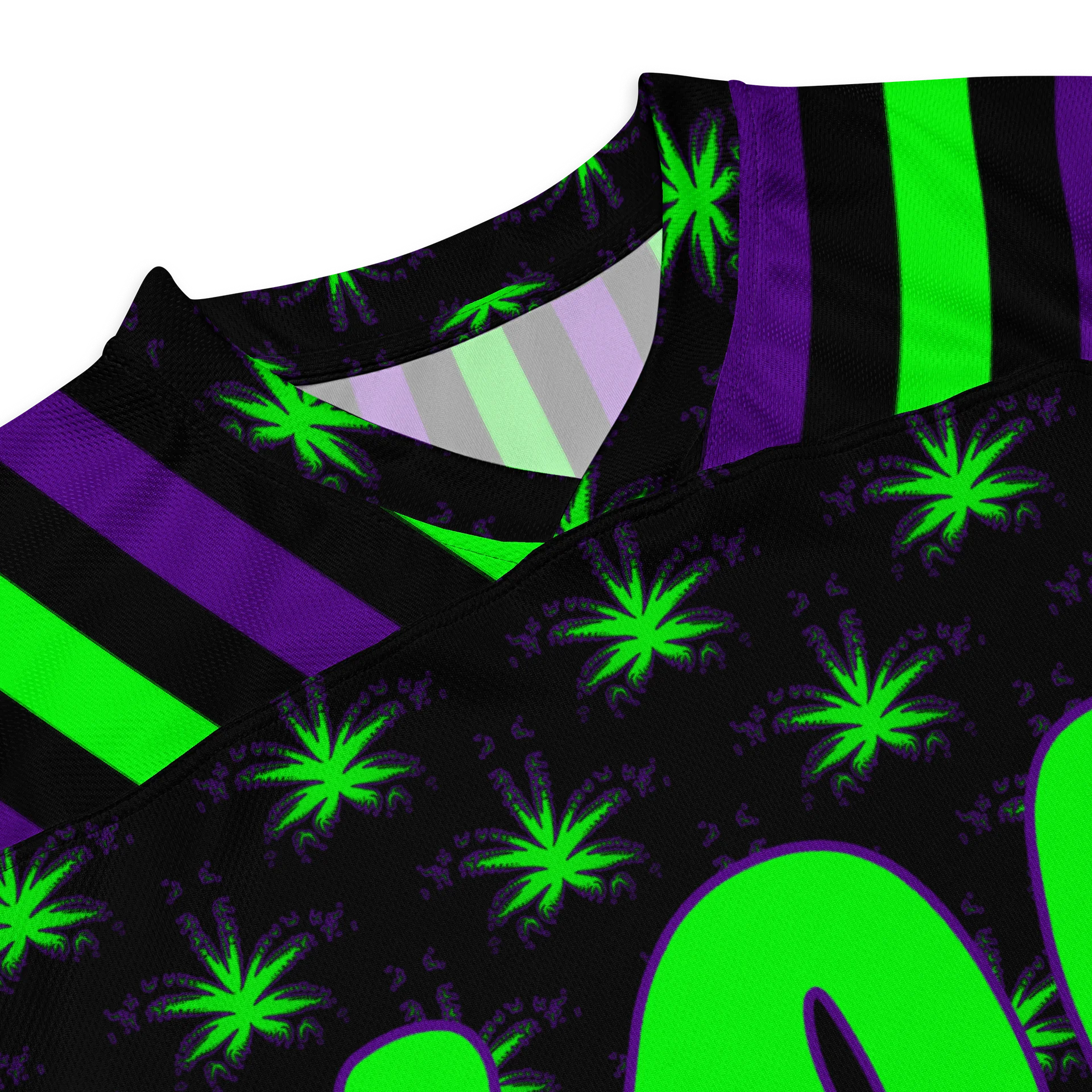 Rave 420 Fan Hockey Jersey, Circus Stripes Stoner Shirt, Neon Green Purple Black Creepy Cannabis Clothing, Weed Leaf Festival Fashion product image (2)