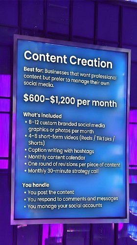 Check out our Content Creation package. Best for: Businesses that want professional content but prefer to manage their own so...