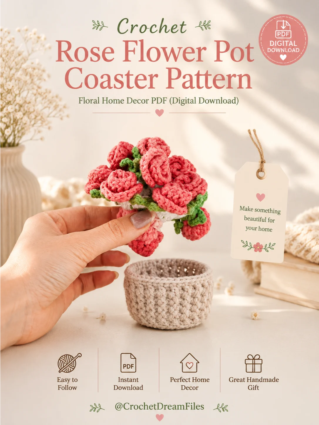Crochet Rose Flower Pot Coaster Pattern product image (3)