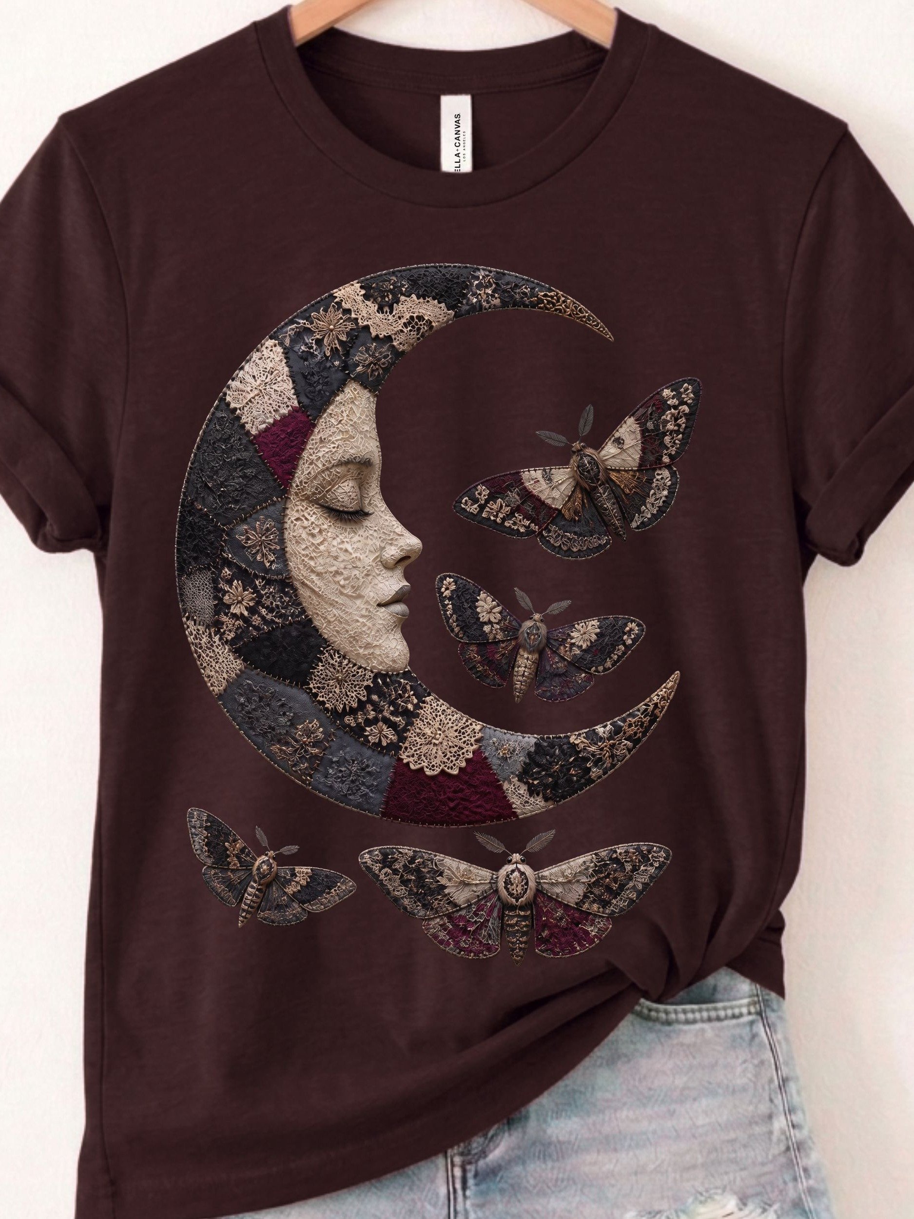 Whimsigoth Moon & Lunar Moth Shirt, Faux Patchwork Celestial Tee product image (1)
