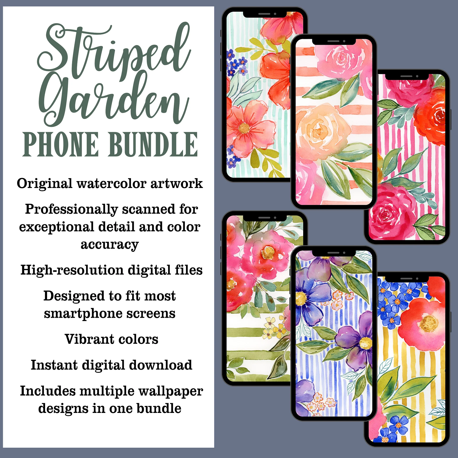 Striped Garden - Watercolor Phone Wallpaper Bundle product image (3)