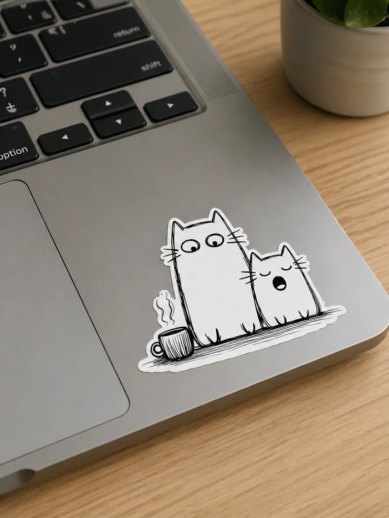 Sleepy Cat Coffee Duo Sticker – Cute Morning Mood Vinyl product image (1)