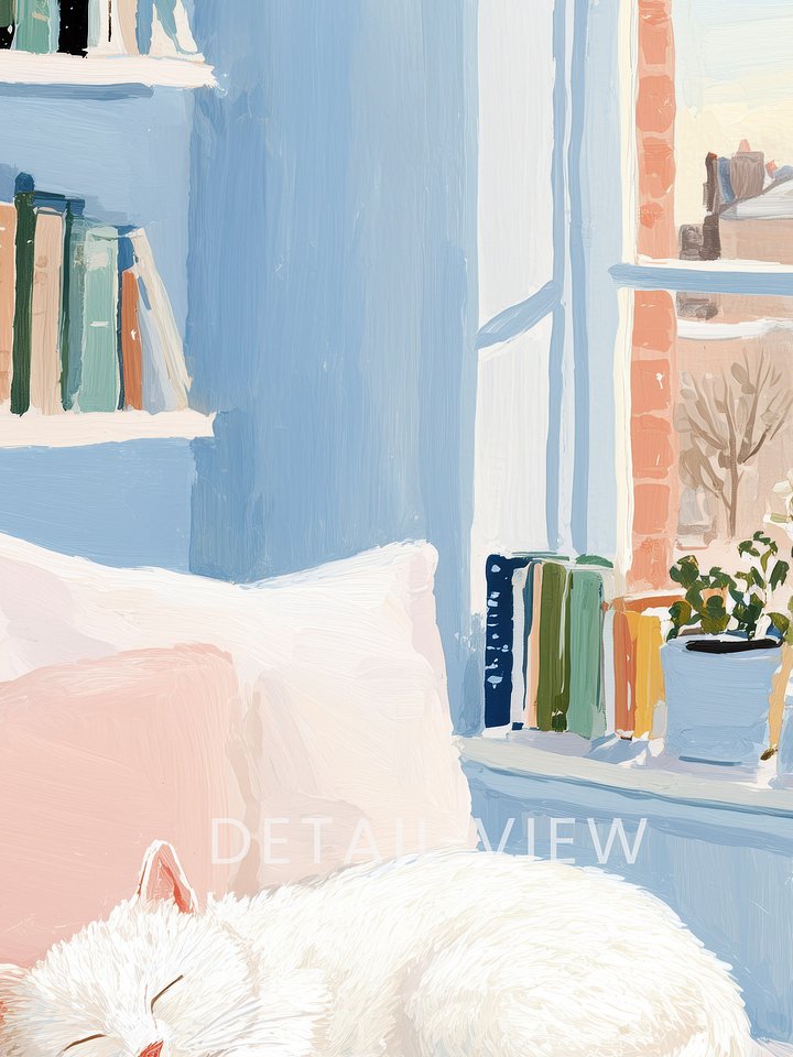 Cozy White Cat Reading Nook Art Print product image (2)