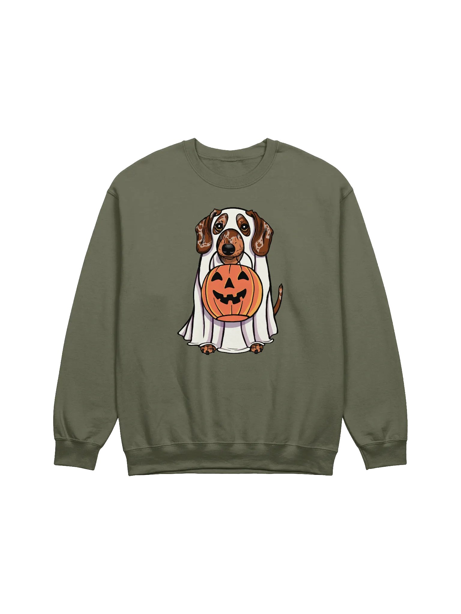 Funny Halloween Dachshund(Dapple 2) Sweatshirt | Funny Doxie/Wiener Wearing a Ghost Costume and Holding a Pumpkin Basket product image (1)