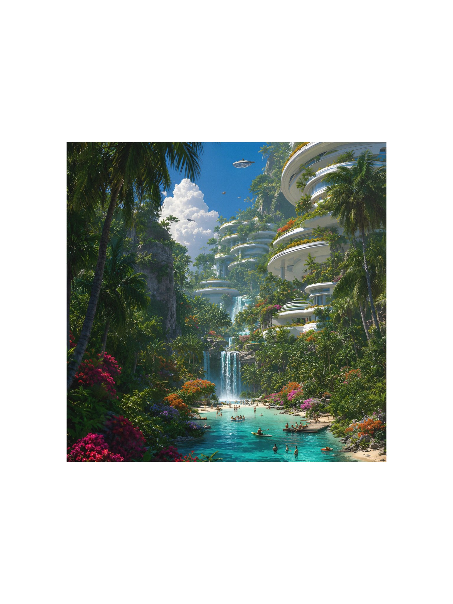 Futuristic Tropical Paradise Poster, Sci Fi Jungle Waterfall City, Fantasy Island Wall Art product image (3)