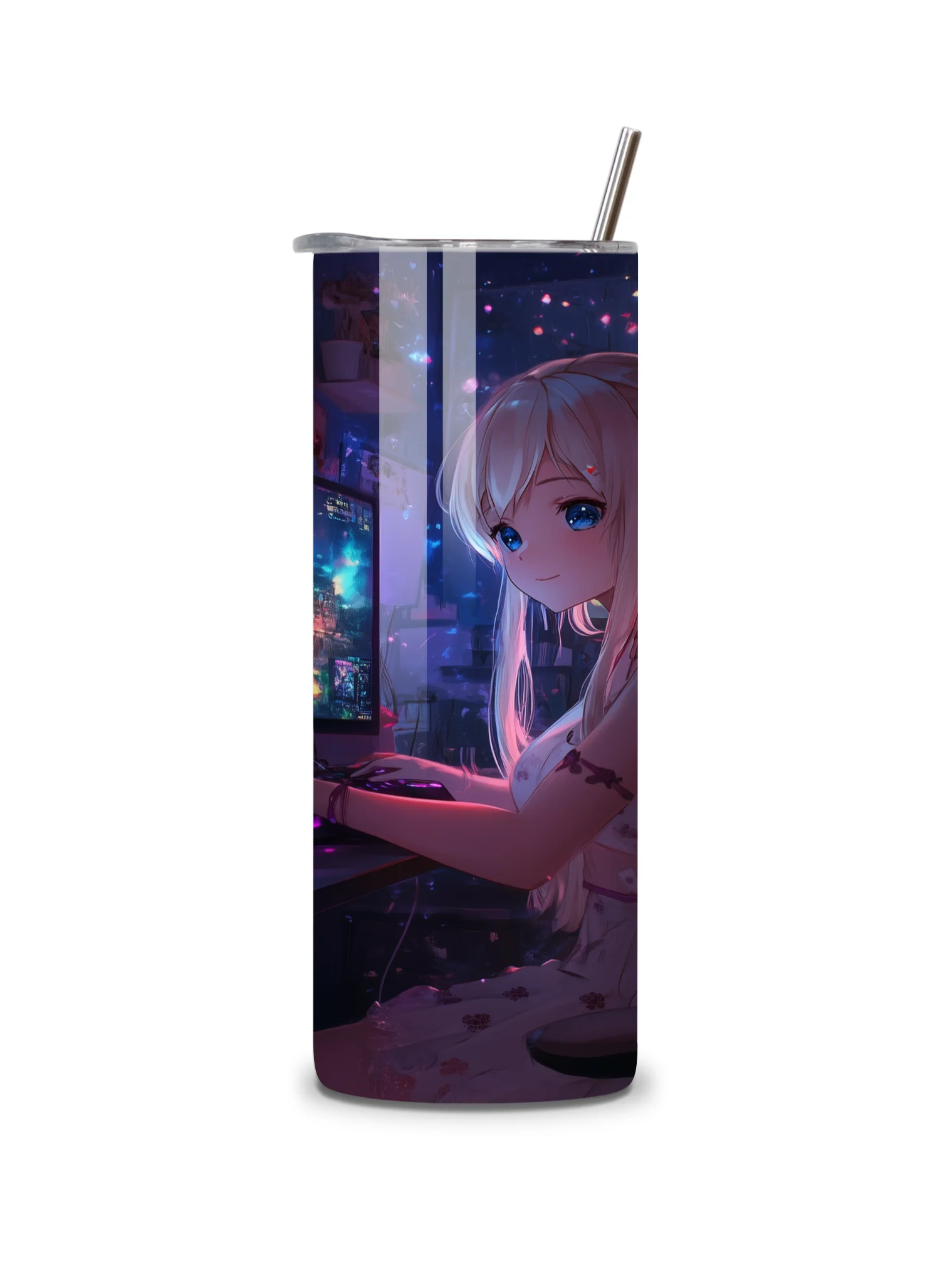 Anime Gamer Girl 20oz Skinny Tumbler with Metal Straw – Vibrant Gaming Setup Design – Double-Walled Insulated Stainless Steel Tumbler Gift for Anime and Gaming Fans (Anime Girl 4) product image (3)