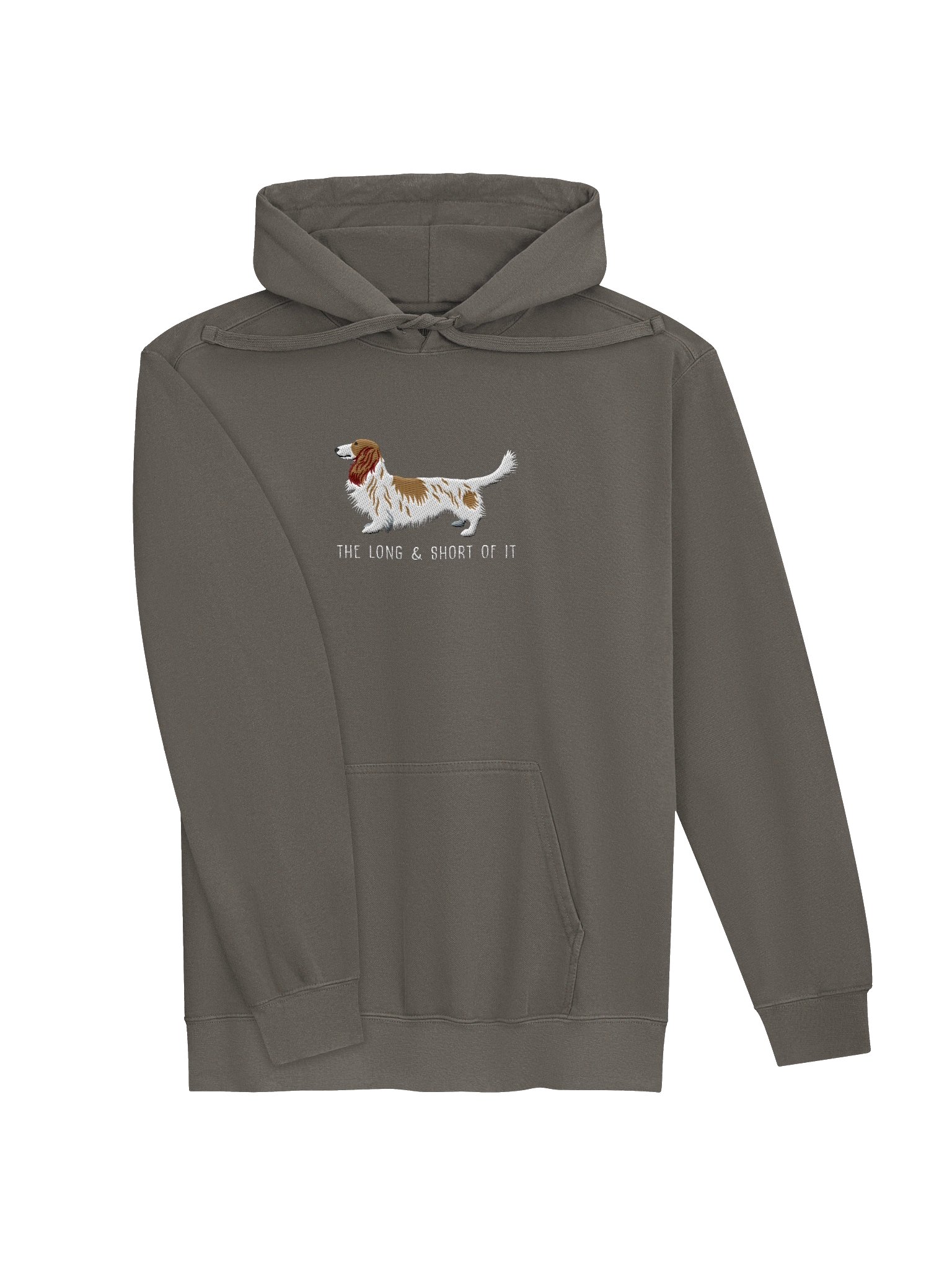 The Long & Short of It Premium Hoodie (Embroidered) of a Longhaired Dachshund(Pied Brown & White) product image (3)
