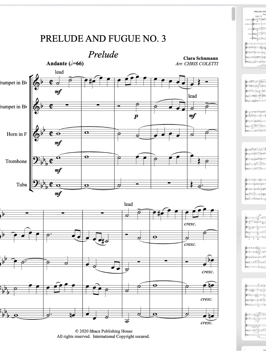 Clara Schumann: Prelude and Fugue No. 3 (Brass Quintet Arr. Chris Coletti product image (1)