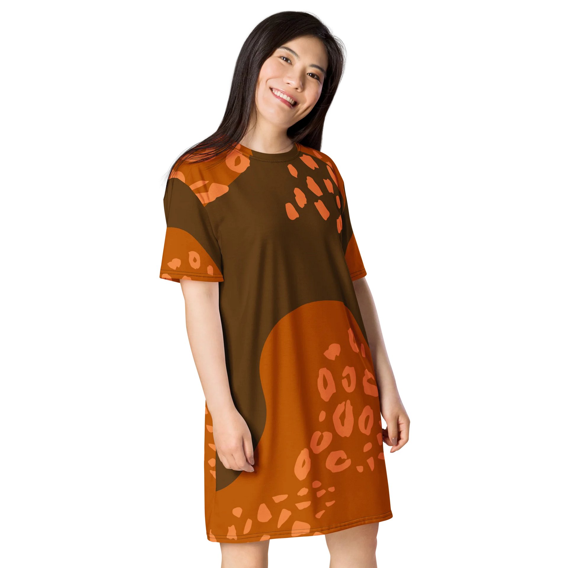 Brown to Orange Gradient T-Shirt Dress with Abstract Leopard Print product image (4)