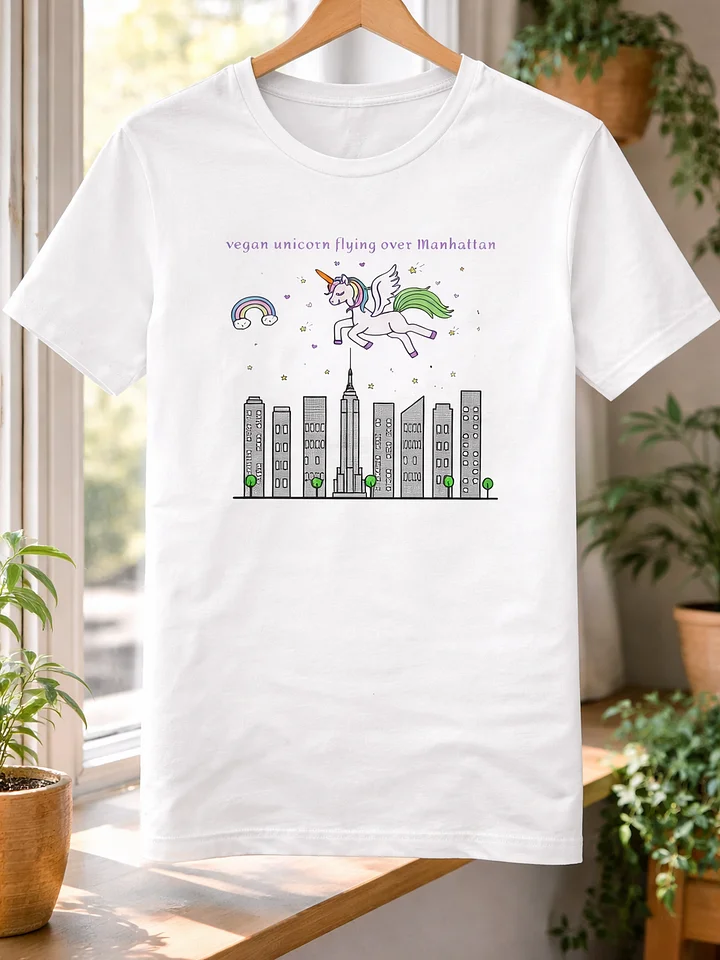 “Vegan Unicorn Flying Over Manhattan” Unisex White T-Shirt product image (1)