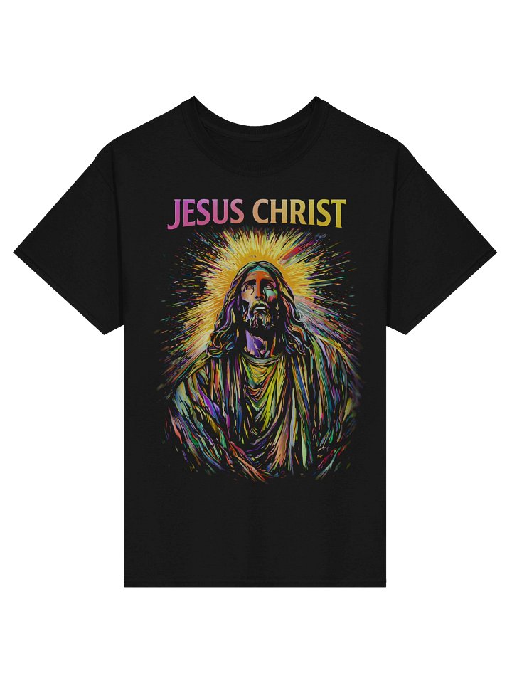 Jesus Christ Radiant Glory Tee – Multi-Colored Light Burst Portrait T-Shirt – Hebrews 1:3 Inspired Christian Shirt product image (1)