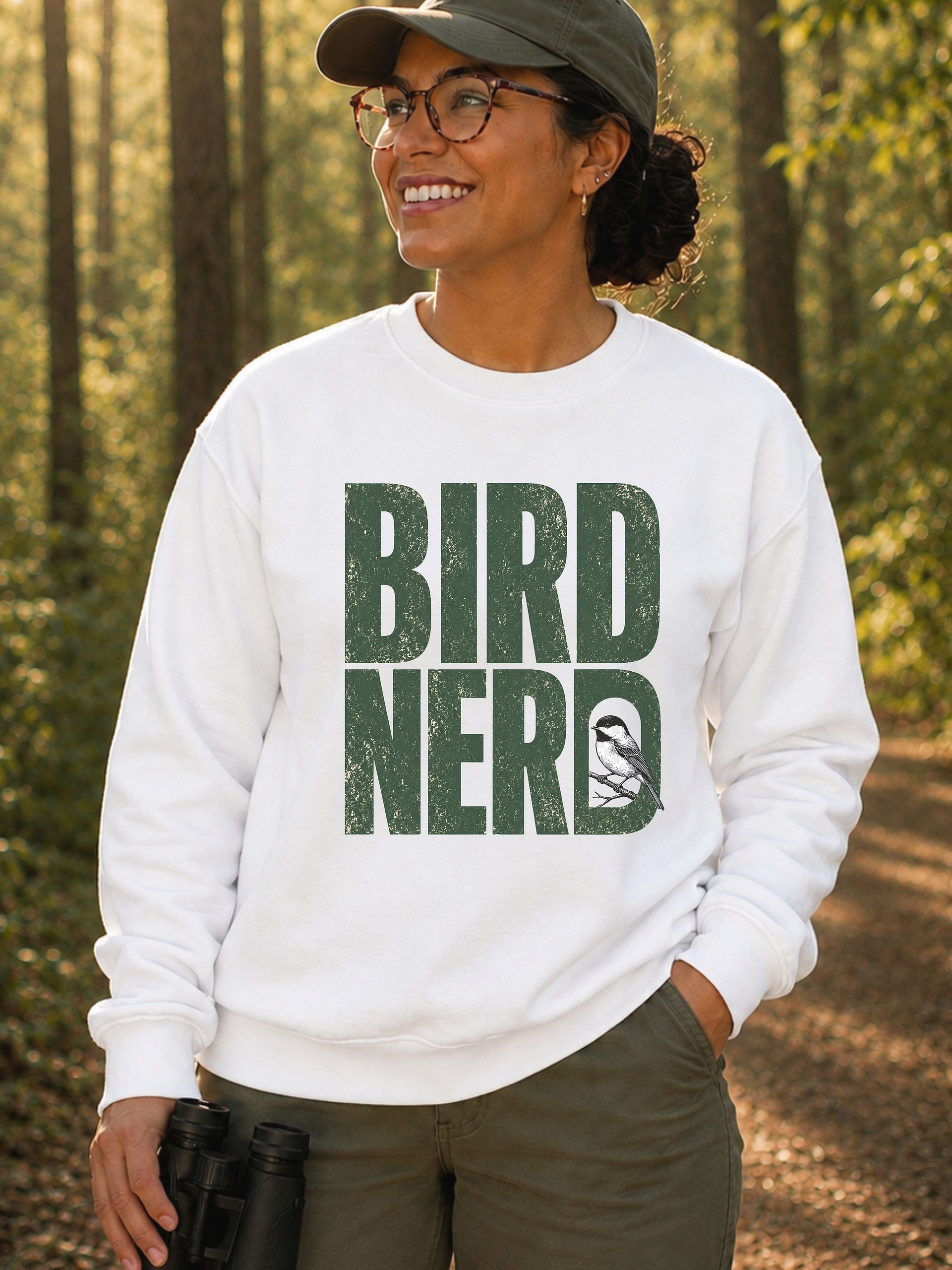Bird Nerd Crewneck Sweatshirt – Distressed Green Typography & Chickadee Pullover product image (6)