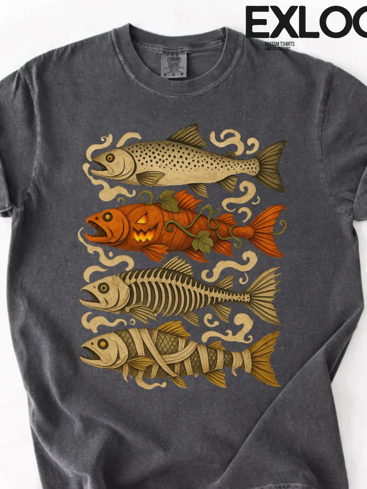 Halloween Trout Fish Ghost Pumpkin Skeleton Mummy T-Shirt product image (1)