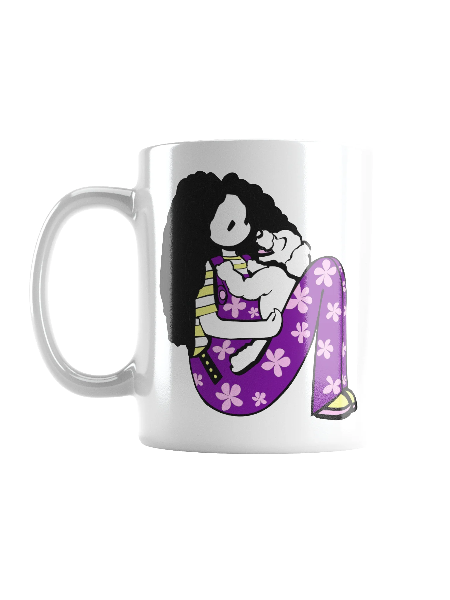 Mug: Girl with laughing dog: purple pink yellow product image (1)