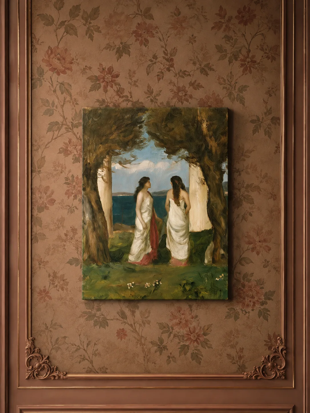 Arcadian Dialogue I classical canvas artwork styled in a collected interior