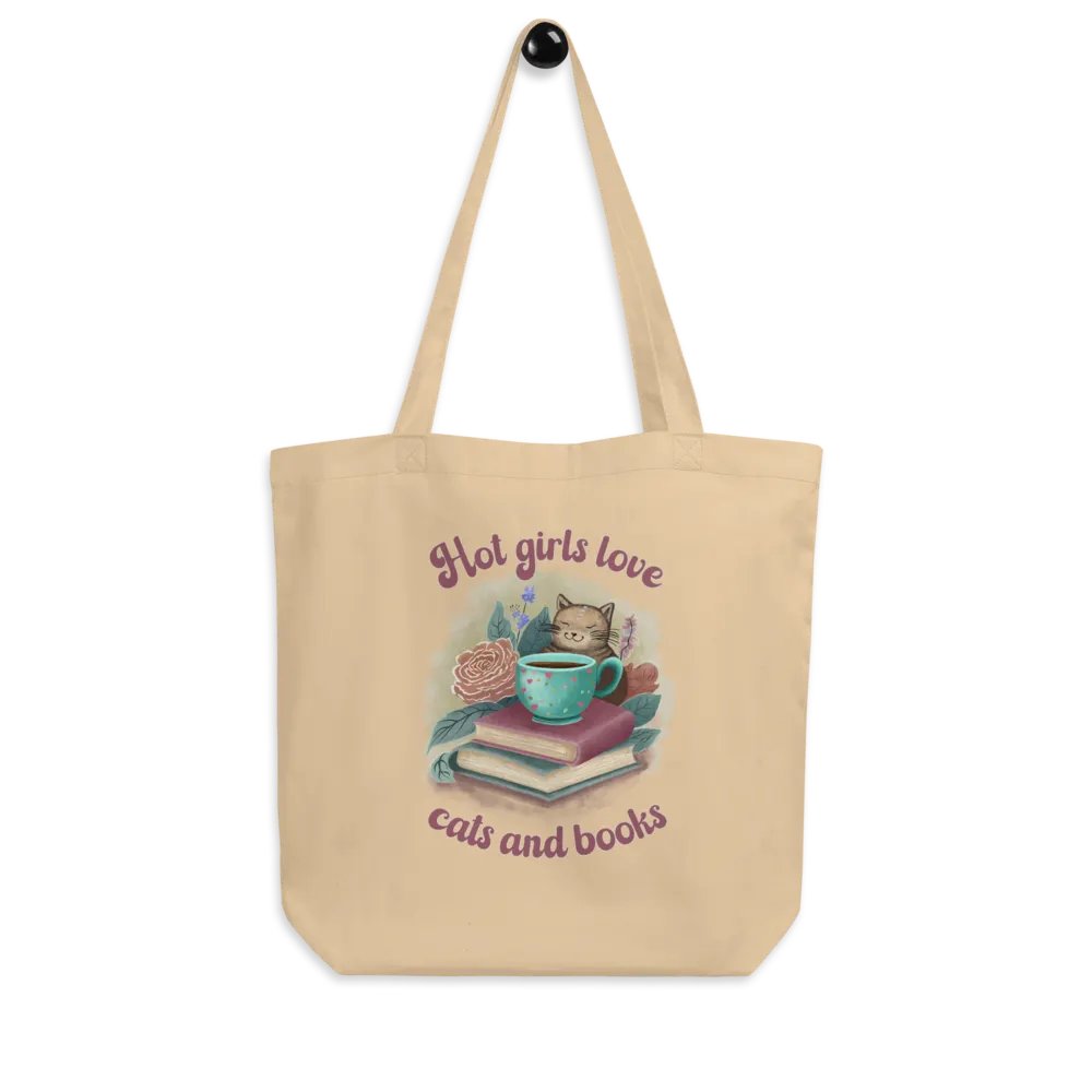 Hand-drawn cat floral canvas tote bag, Gift for a book lover - Hot Girls Love Cats and Books product image (4)