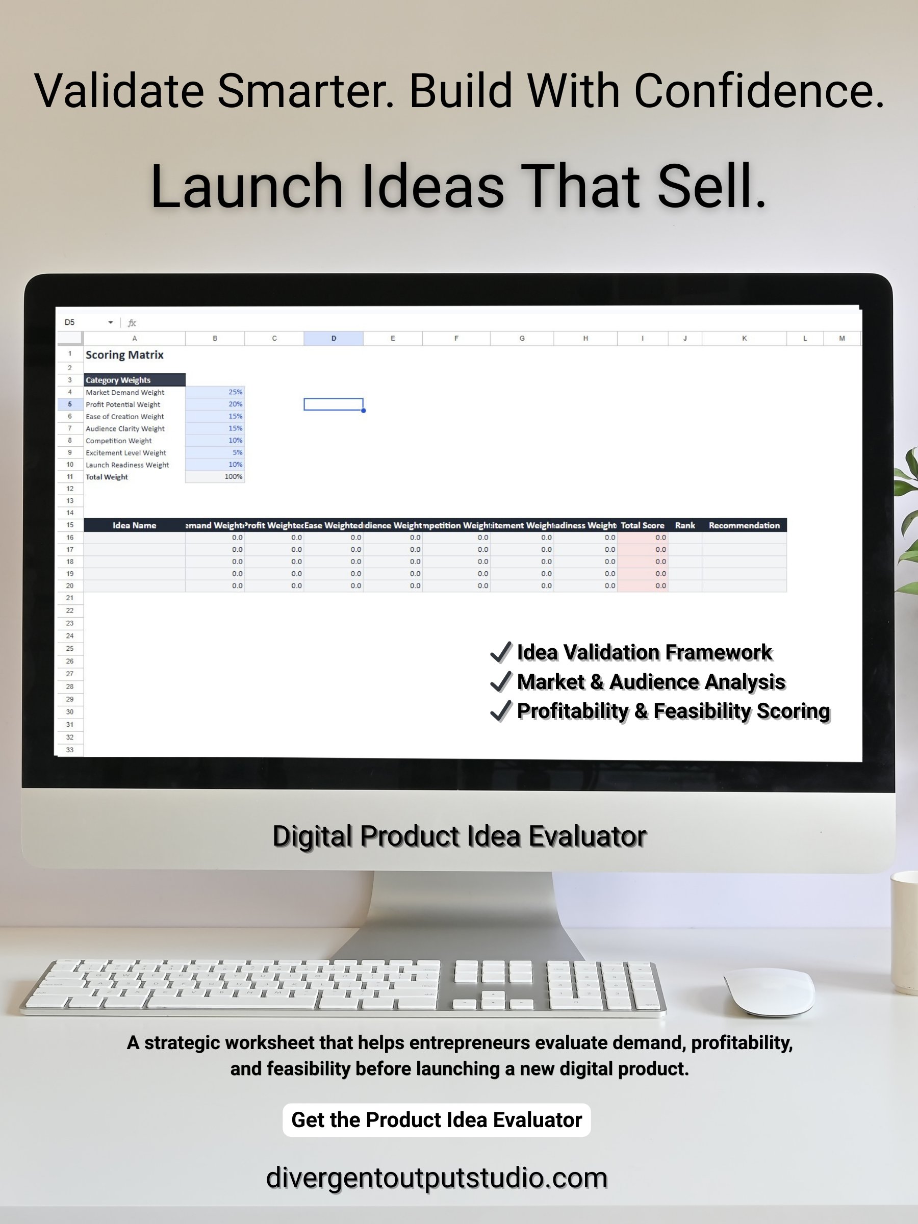 Product Idea Evaluator — Digital Product Launch Toolkit By Divergent Output Studio product image (1)
