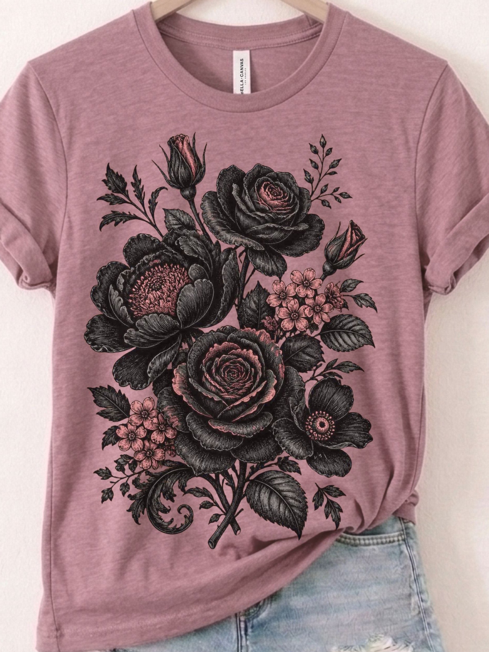 Gothic Floral Shirt, Black & Pink Rose Victorian-Inspired Botanical Tee product image (1)