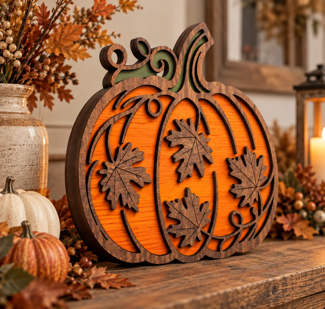 16" Handmade Layered Wooden Pumpkin – Rustic Fall Leaf Décor product image (2)