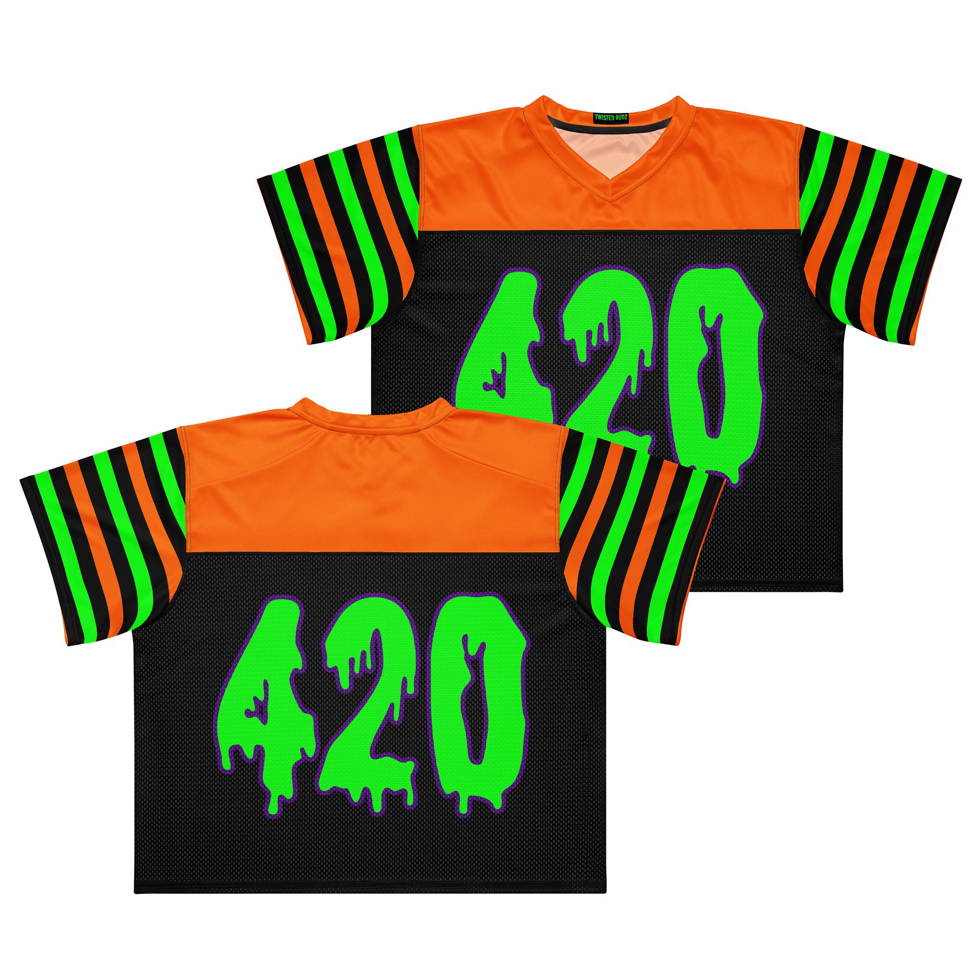 Halloween Weed Rave Jersey, Boxy 420 Football Shirt, Stoner EDM Wear, Music Festival Cannabis Clothes, Black Orange Neon Green Techno Top product image (7)