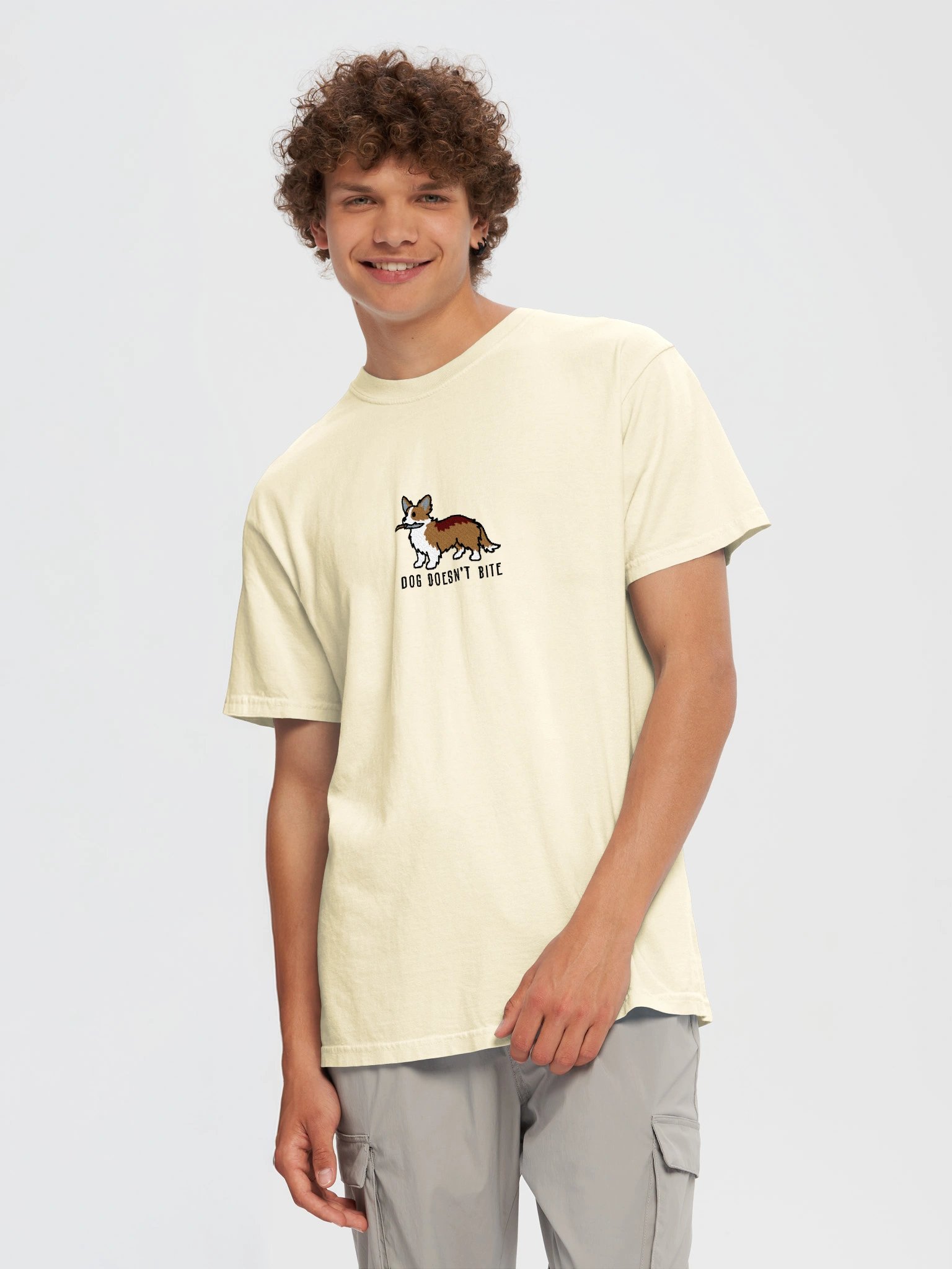 Dog Doesn't Bite Funny Chibi-Style Embroidered T-Shirt for Cardigan Welsh Corgi(Tan) Owners product image (113)