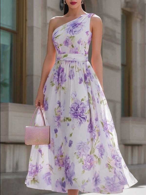 Shop the EMERY ROSE Pink Asymmetrical Peony Print Chiffon Long Dress at ADLEST. Perfect elegant vacation and summer outfit for weddings, parties, and daily wear. product image (3)