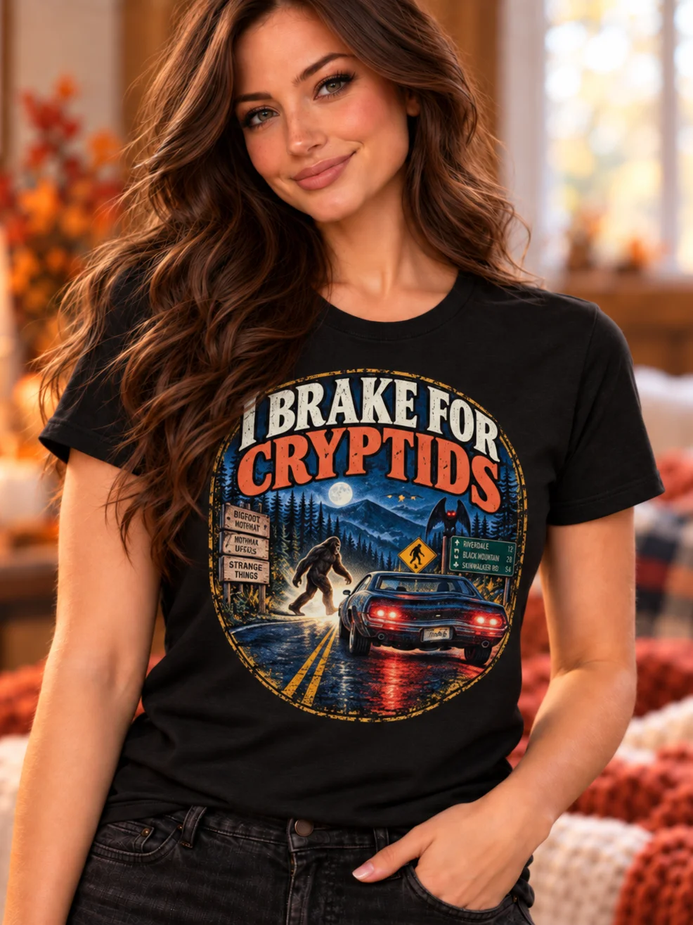 I Brake for Cryptids T-Shirt – Bigfoot & Mothman Road Trip Tee product image (2)
