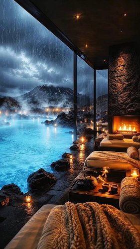Cozy geothermal spa rain ambience with warm fireplace sounds, heavy Icelandic rain, peaceful steam, and relaxing nighttime co...