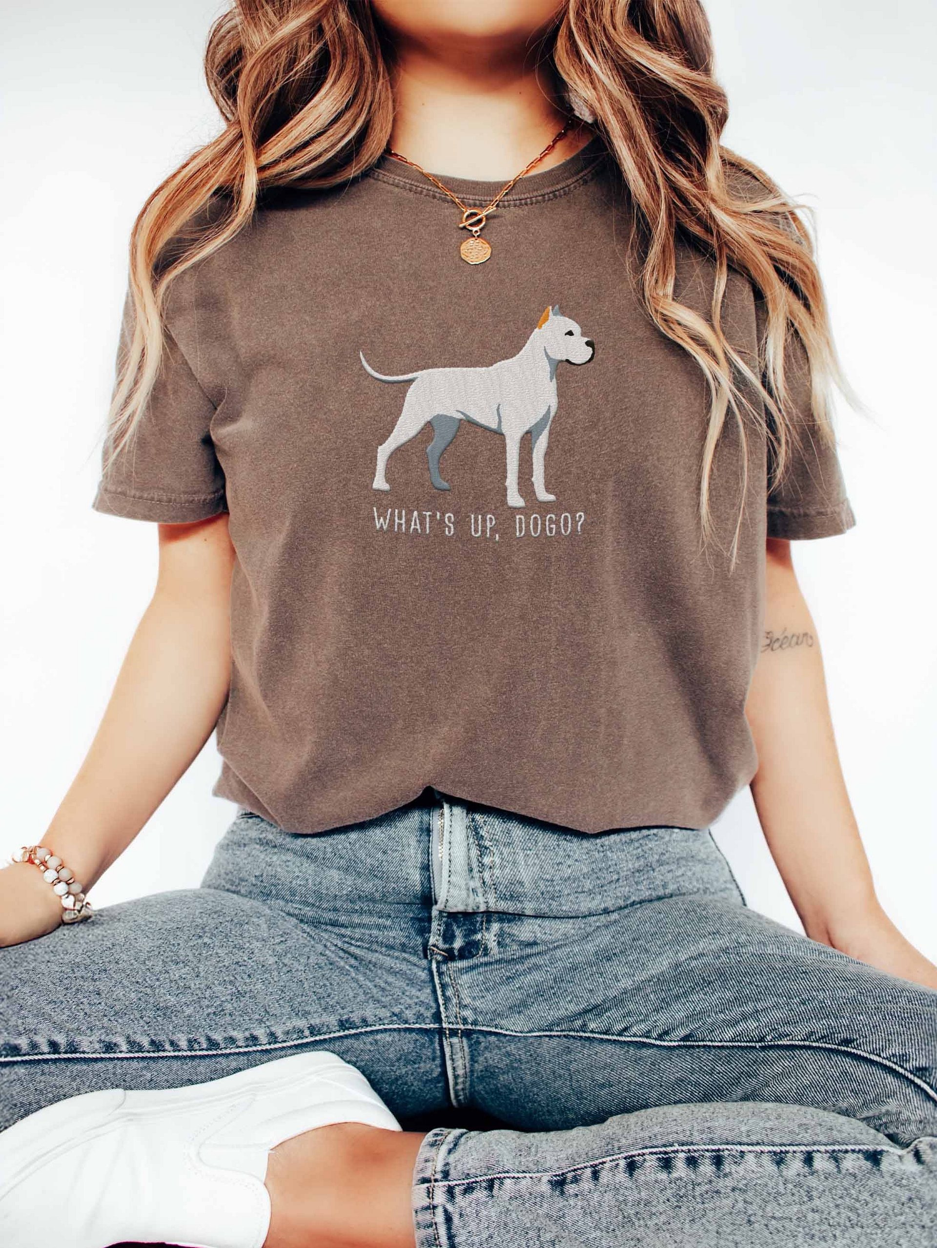 What's Up, Dogo? T-Shirt(Embroidered) of a Dogo Argentino(White, Cropped Ears) product image (2)