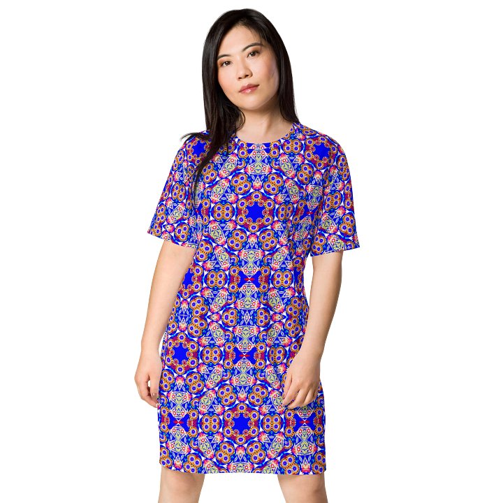Mosaic Coral T-Shirt Dress, Casual Summer Dress, Relaxed Fit Everyday Dress product image (1)