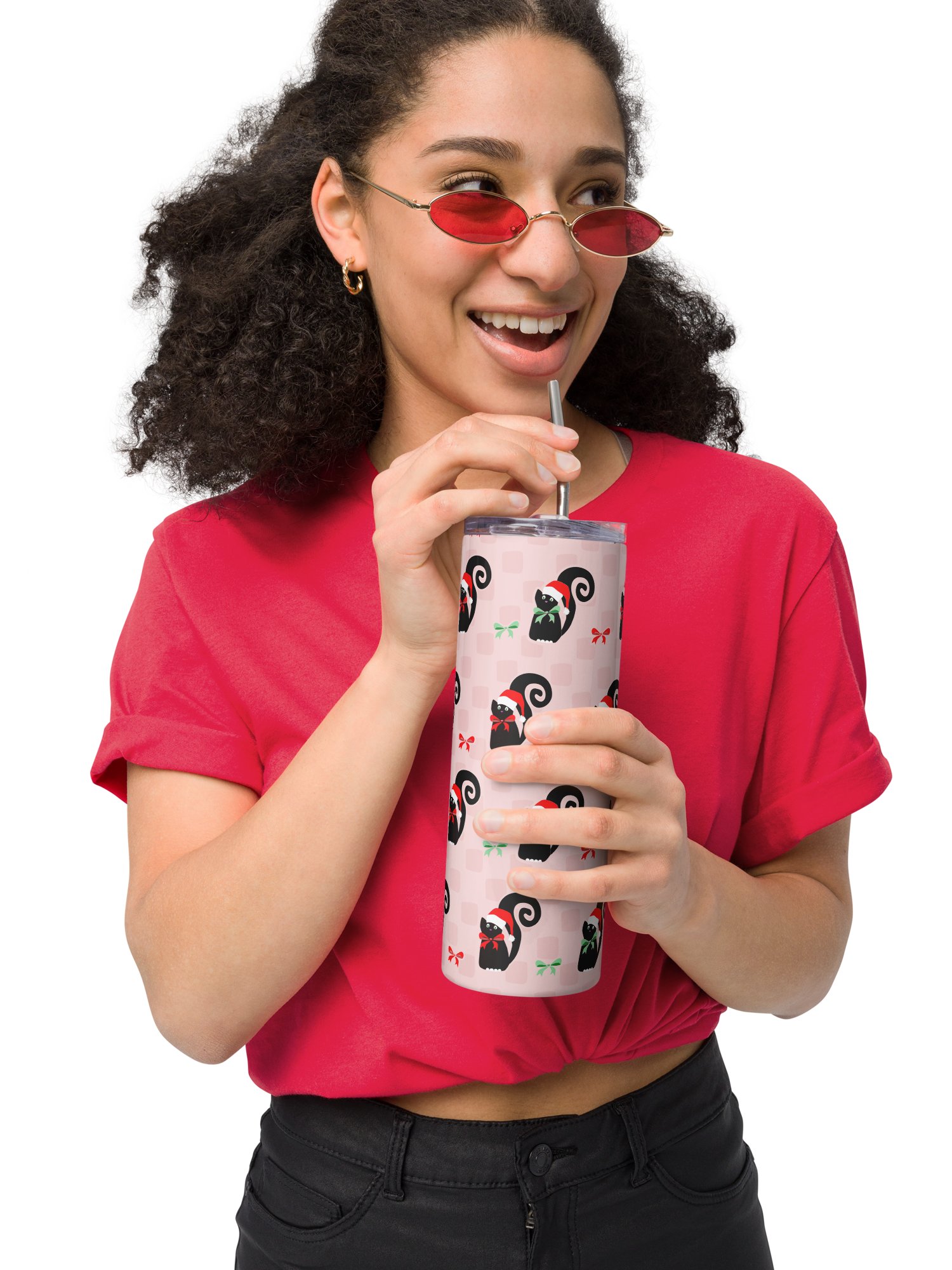 Christmas Kitties in a Row 20 oz Stainless Steel Tumbler with Straw - Pink product image (7)