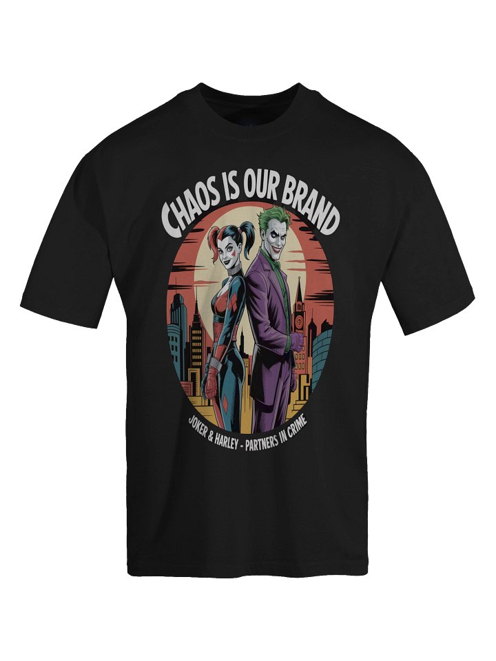 Chaos is Our Brand: Joker & Harley Gotham Twilight Partners Oversized Faded Unisex T-Shirt product image (1)