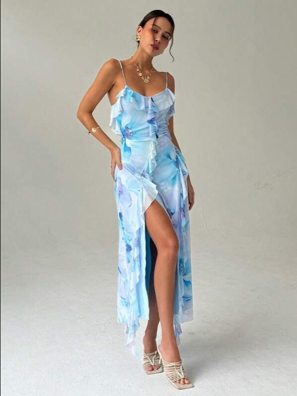 Pink Floral Asymmetrical Backless Spaghetti Strap Dress | Women's Boho High Waist Midi Dress for Summer Vacation, Dates & Night Out | ADLEST product image (4)