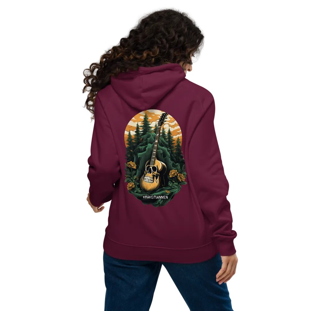 Unisex Eco Raglan Hoodie 🌲 Dark green spruce forest with a skull-shaped guitar product image (11)