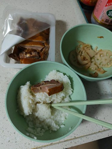 Check out my lunch: rice ,goose 🦆 and lotus root 🫚 very yummy very tasty i like it
