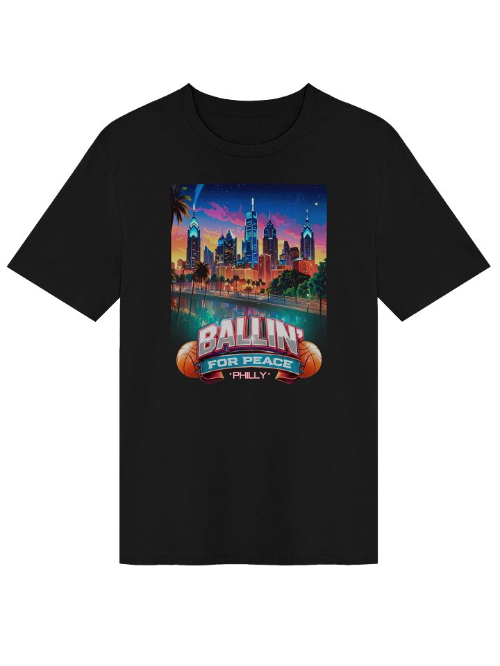 Ballin’ For Peace Philadelphia Graphic Unisex T-Shirt – Urban Basketball Streetwear with Colorful City Skyline Design product image (1)