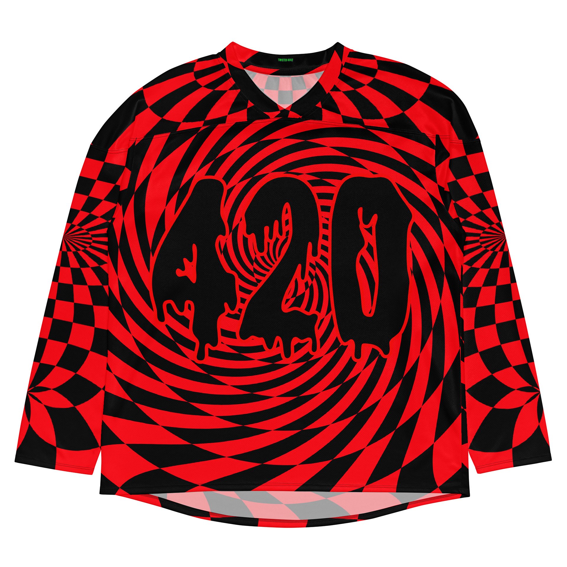 Red Black 420 Hockey Jersey, EDM Cannabis Clothes, Psychedelic Spirals Stoner Shirt, Weed Rave Retro Fashion, Trippy Checkers Festival Top product image (3)