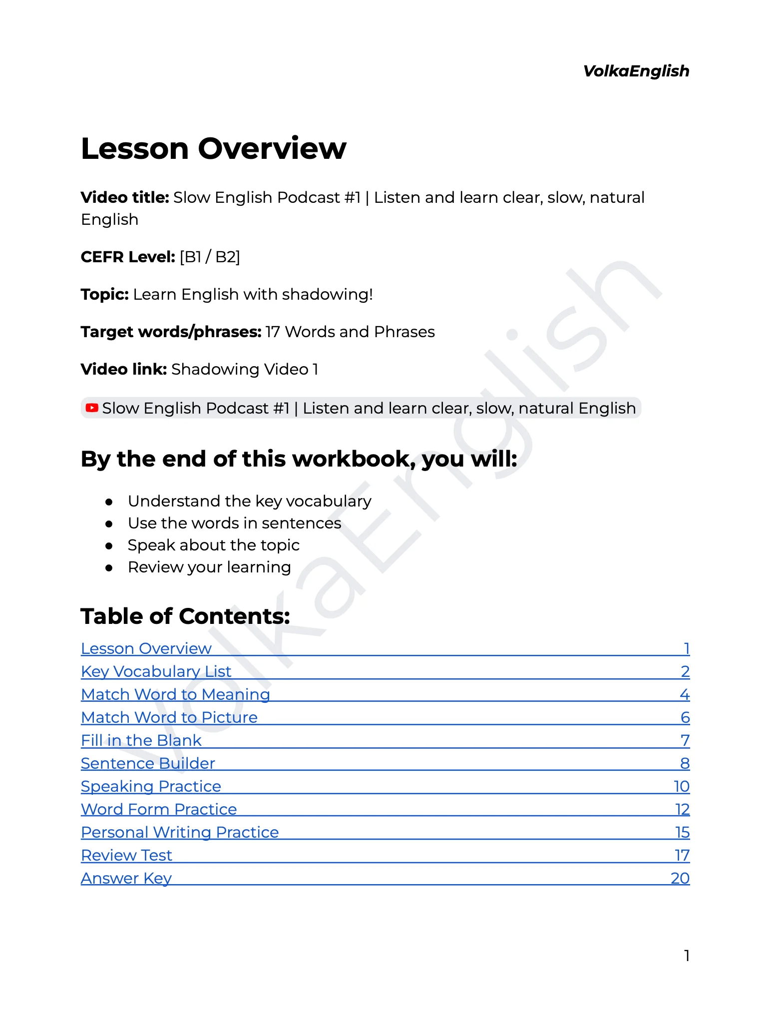 Slow English Podcast #1 | Listen and learn clear, slow, natural English - Shadowing Video 1 Study Pack product image (2)