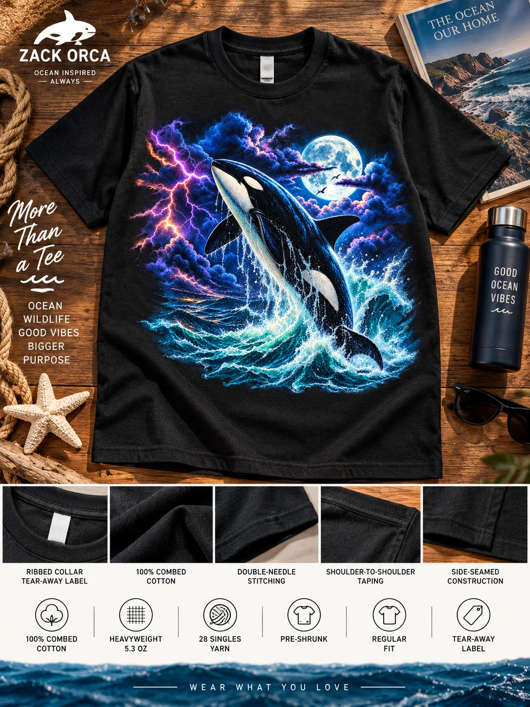 Retro Orca Whale T-Shirt – Vintage 90s Ocean Graphic, Killer Whale Moon & Lightning Tee product image (1)