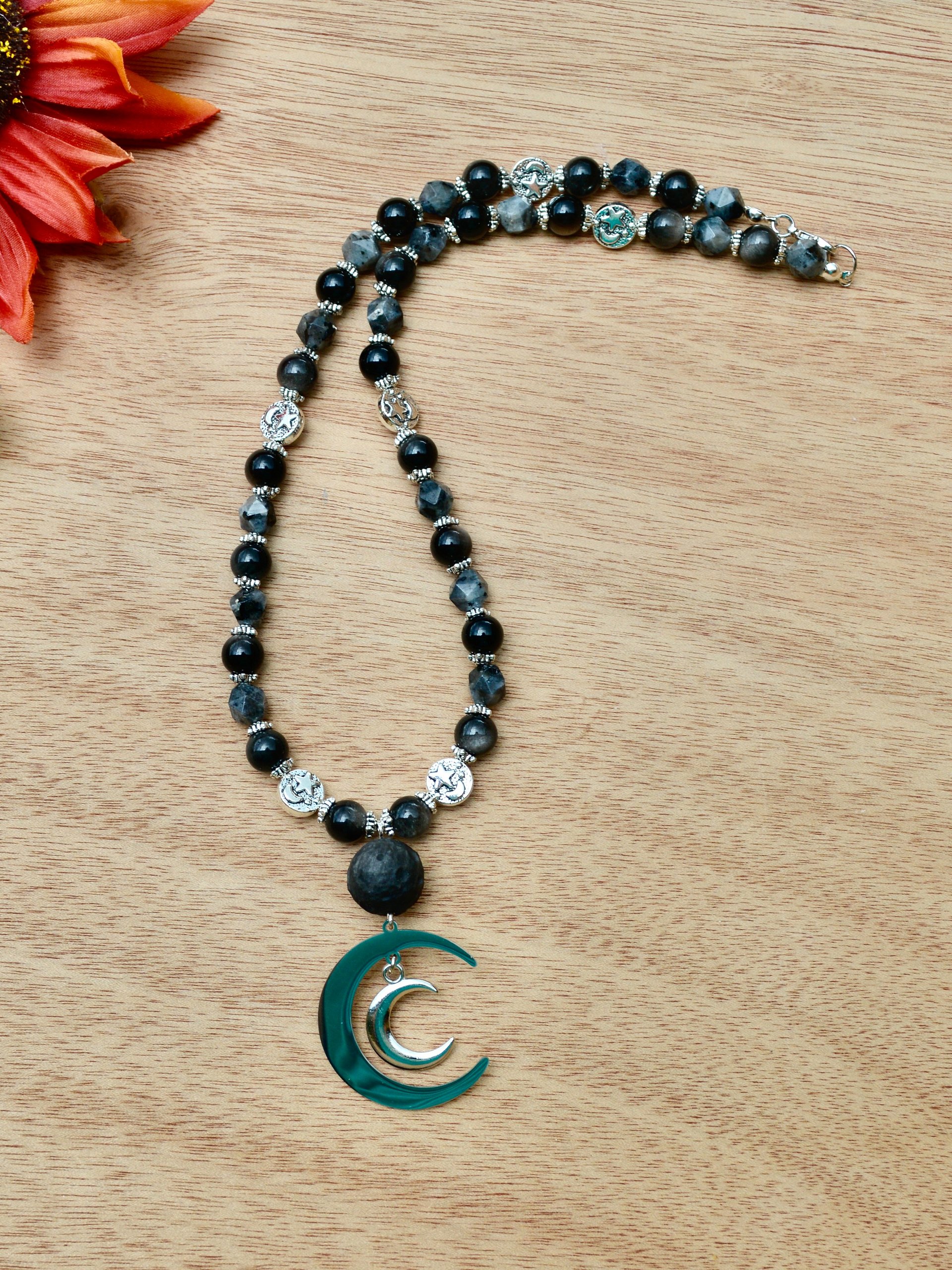 Obsidian Moon Beaded Pendant Necklace With Larvikite Gemstones and Silver Beads product image (1)