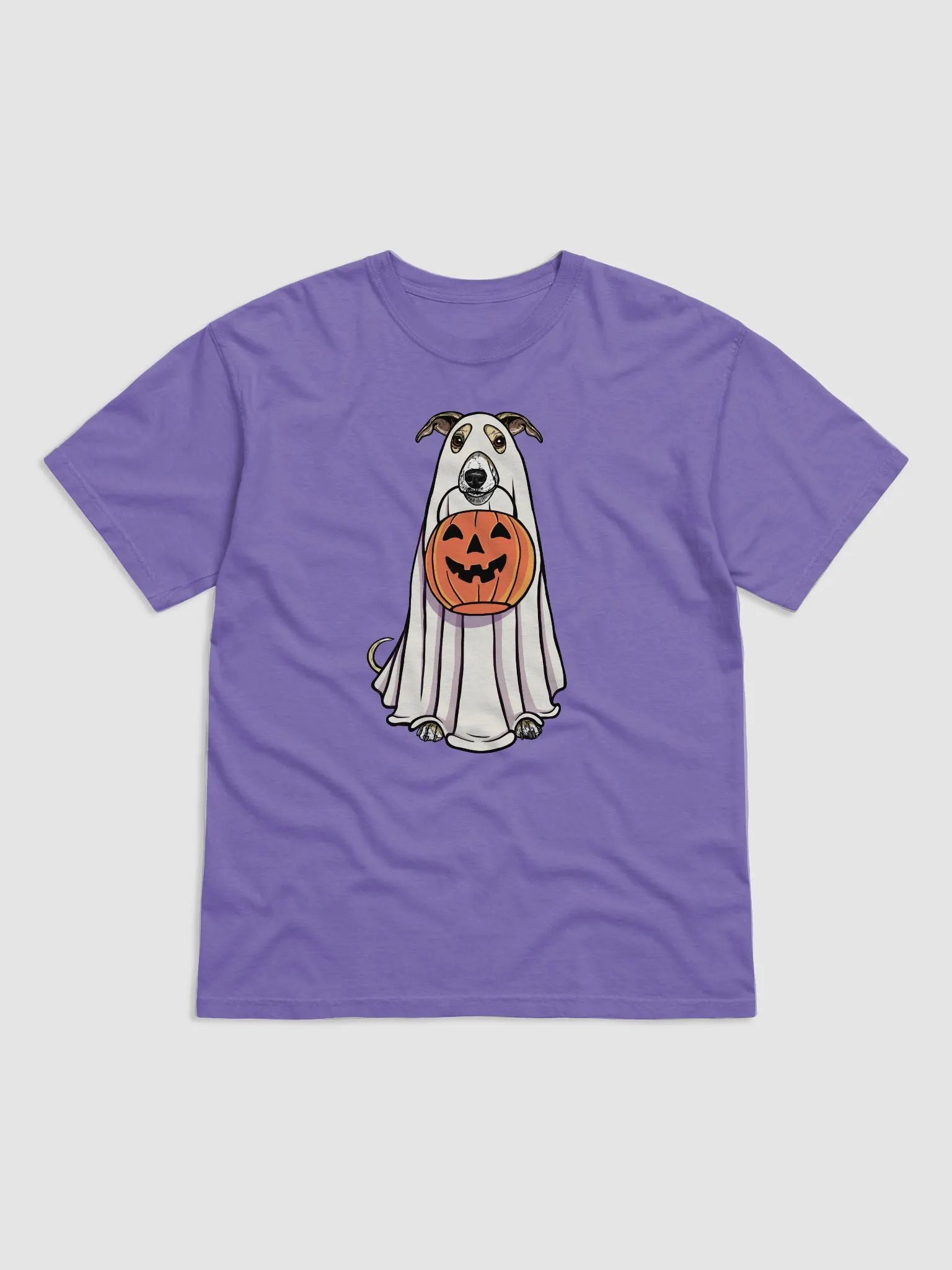 Funny Halloween Whippet(Fawn & White) T-Shirt | Funny Dog Wearing a Ghost Costume and Holding a Pumpkin Basket product image (1)