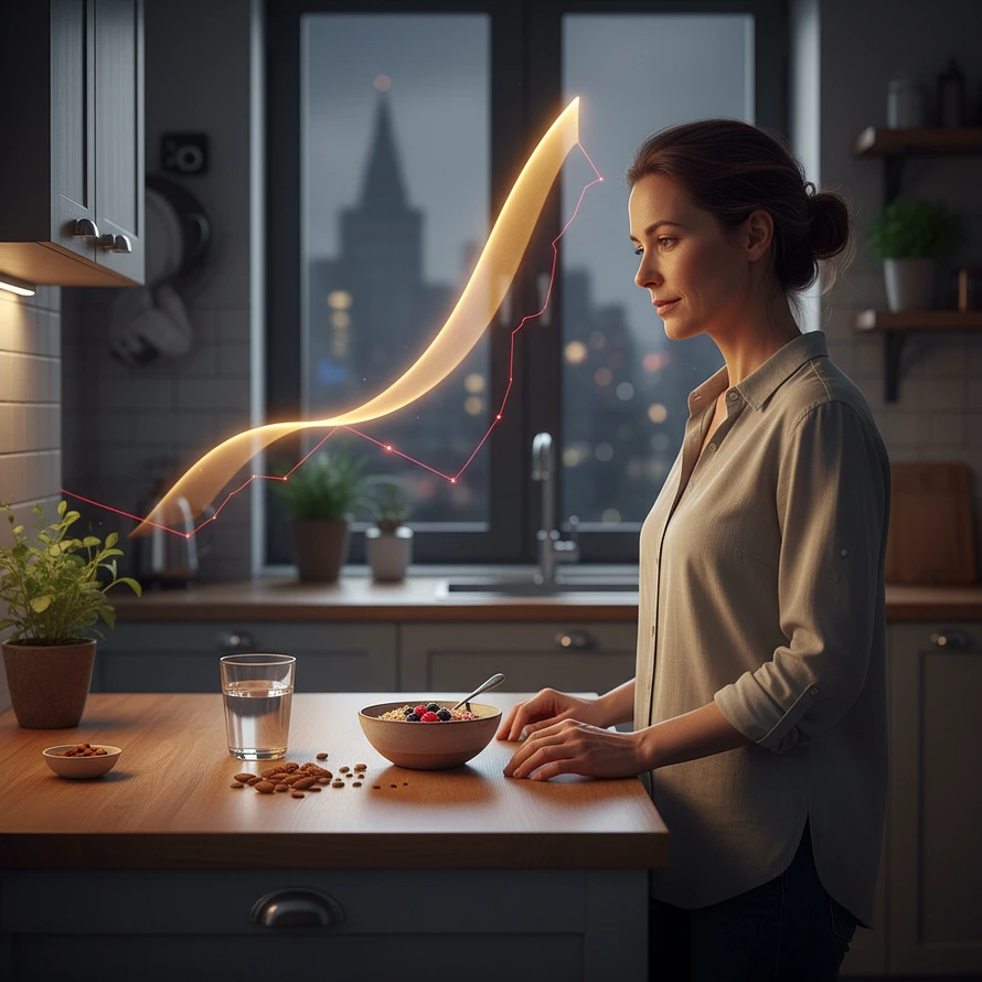 PCOS Nighttime Cravings: Gentle Nutrition for Stable Blood Sugar. A woman in a serene, gently lit kitchen at night thoughtfully looks at a balanced meal of fiber-rich oats with berries, nuts, and water. An abstract flowing light in the background symbolizes stable blood sugar, representing gentle, science-backed strategies for managing PCOS nighttime cravings and insulin resistance.