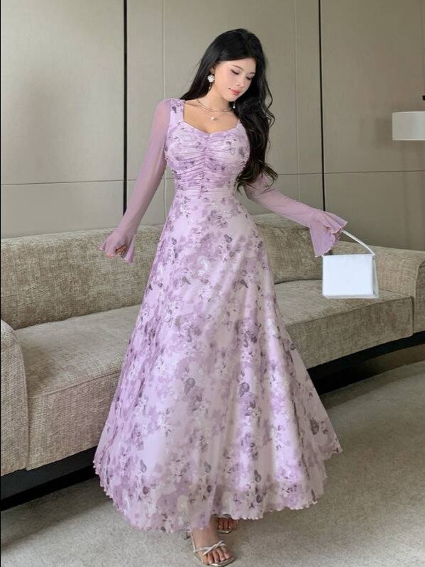 Modelyn Purple Butterfly Floral Mesh Print Pleated Ruffle Hem Elegant Romantic High-End Wedding Women's Midi Dress Date Tea Party Garden Autumn product image (2)