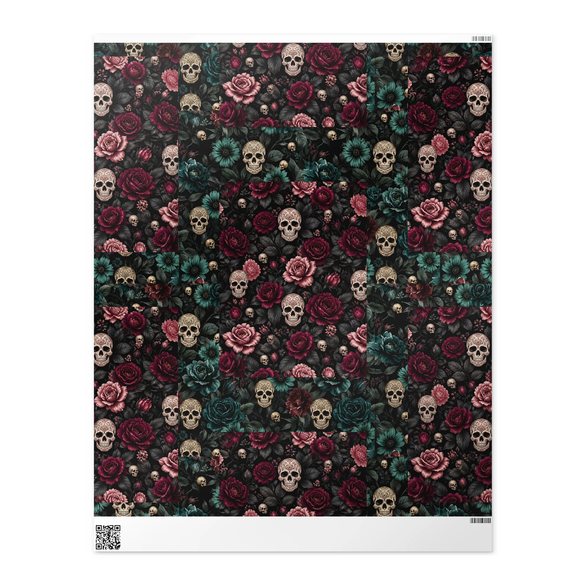 Cranberry & Teal Roses and Skulls Wrapping paper product image (1)