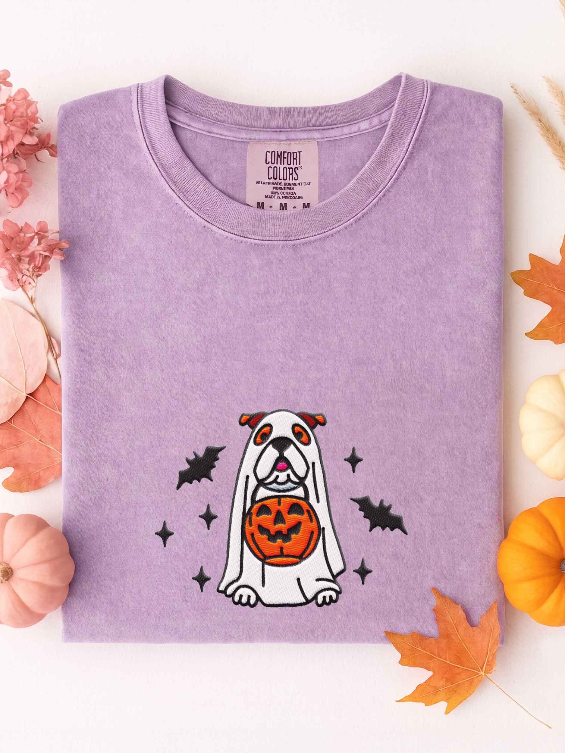 Halloween English Bulldog(Red & White) Embroidered T-Shirt product image (1)