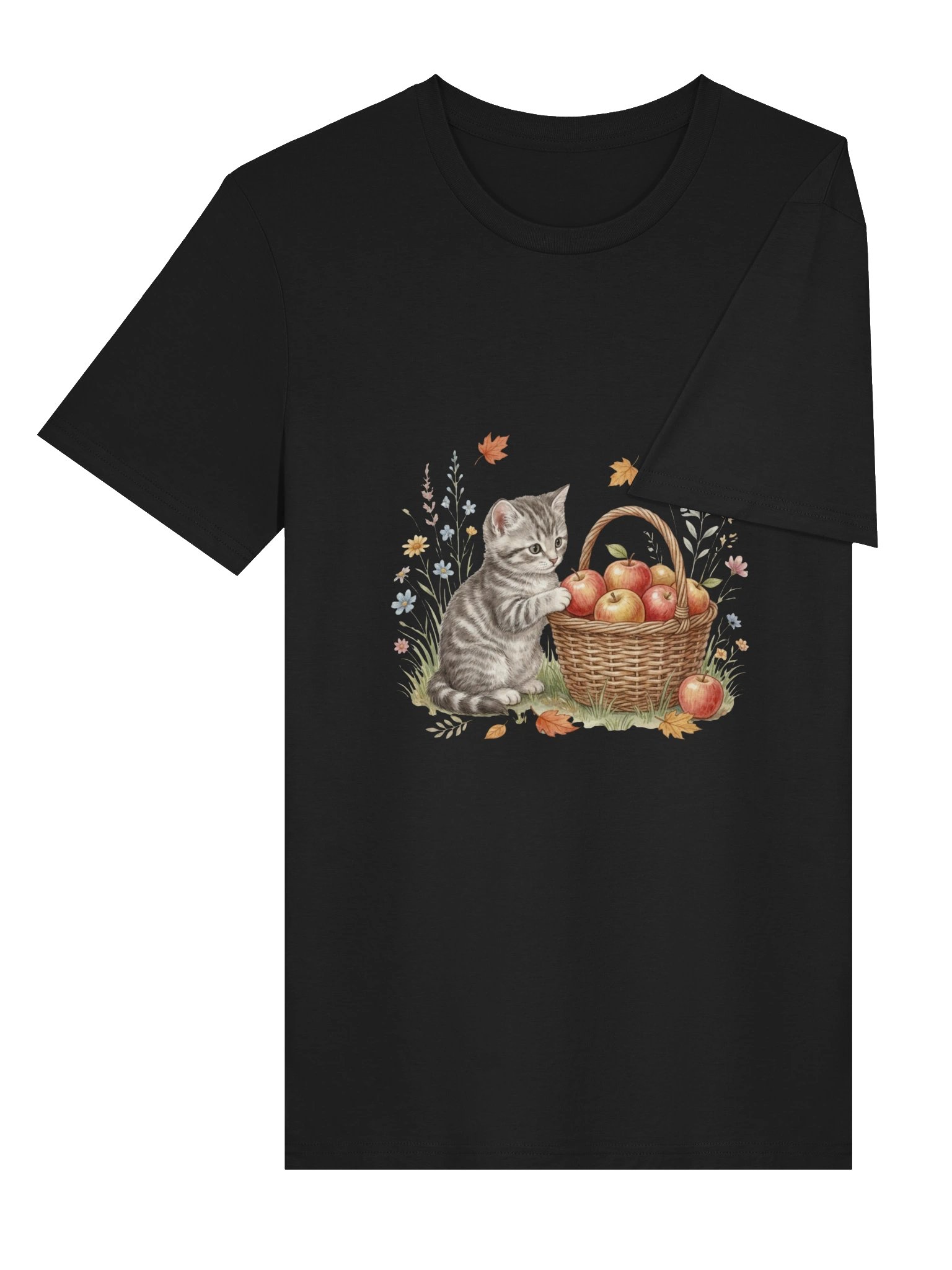 Vintage Watercolor Kitten with Autumn Apple Basket T-Shirt product image (3)