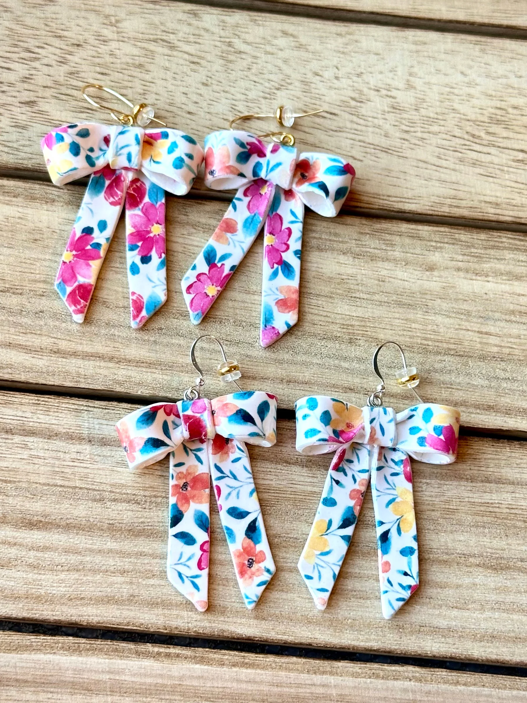 Floral Ribbon Bow Earrings – Handmade Clay Statement Dangles product image (6)
