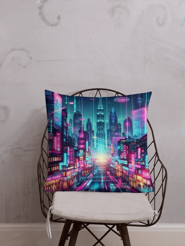Neon Nights Futuristic City Premium Pillow | AI Design hongkong city product image (1)